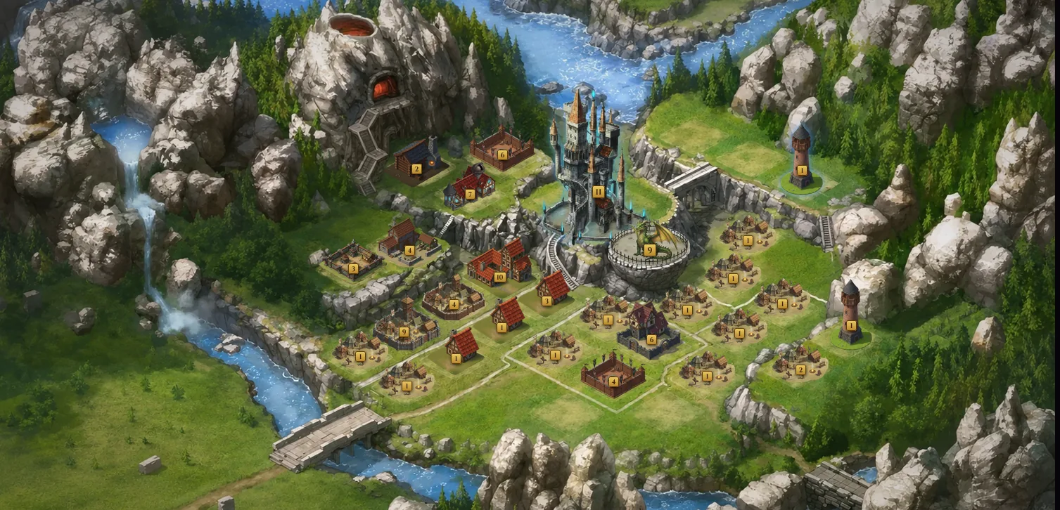 A player's capital city in Atlantia, with the fortress, dragon keep, homes, and resource fields