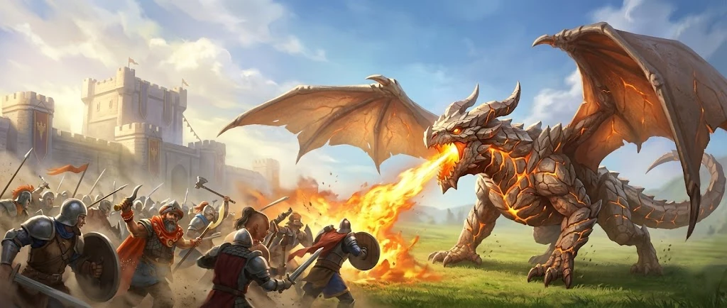 A dragon unleashing fire on an army besieging a castle in Atlantia